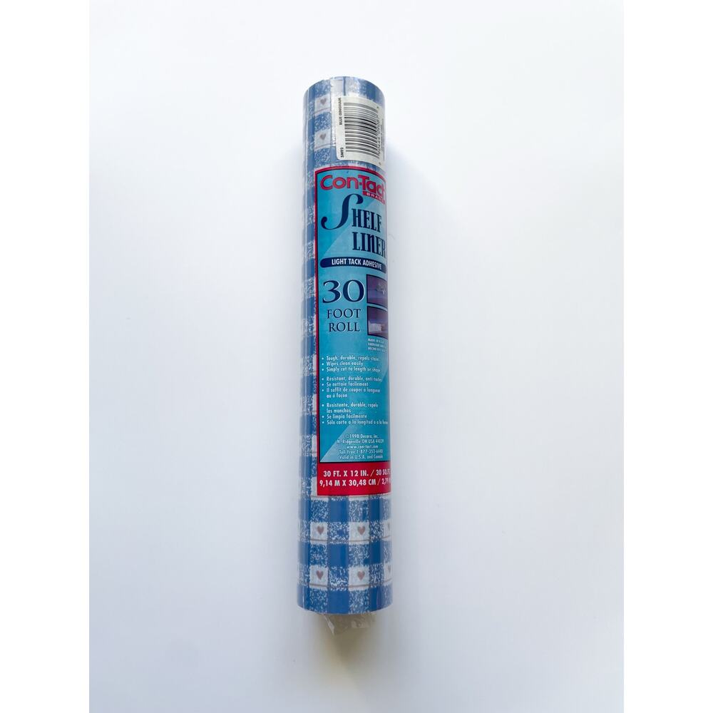 New Vintage 90s Con-Tact Shelf Liner Cottagecore Blue Gingham Hearts 30 Ft Roll